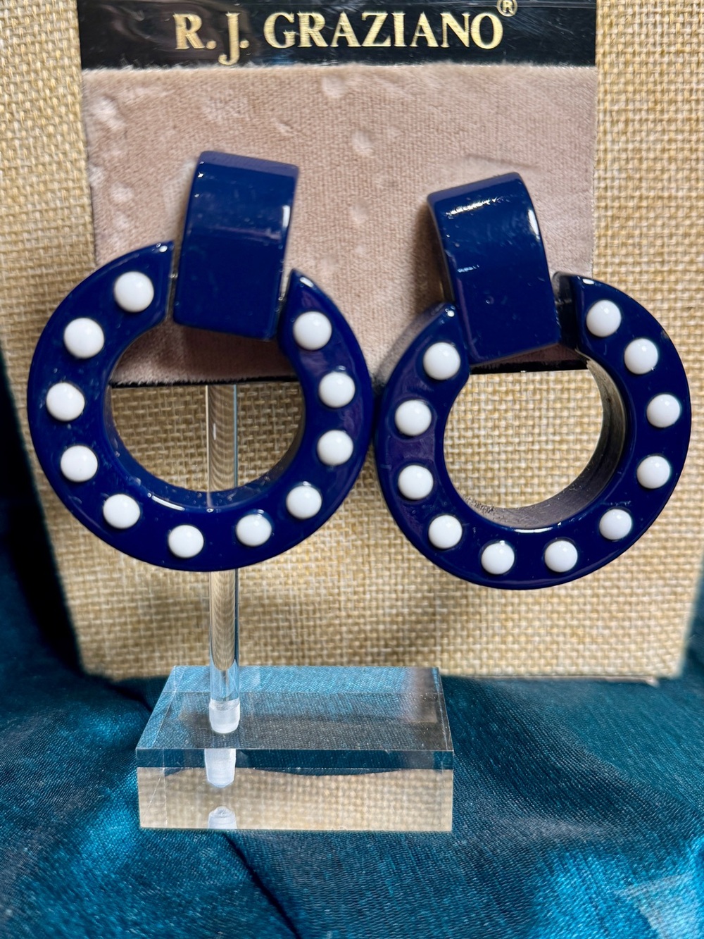 R.J. Graziano Navy Hoop Earrings with White Dot Trim
